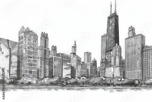 hand drawn ink panorama of city