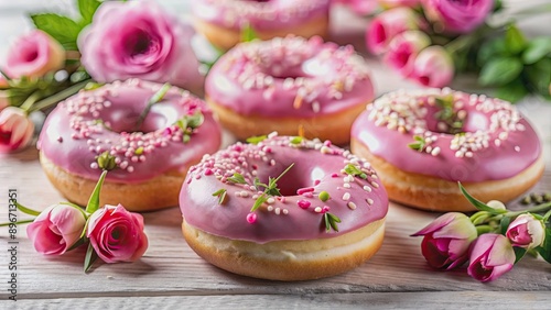Pink glazed doughnuts with fresh flowers on top, perfect for a feminine and elegant dessert spread, pink, doughnuts, flowers