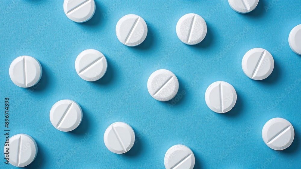 White circular pills arranged on a blue surface White circular pills arranged on a blue surface