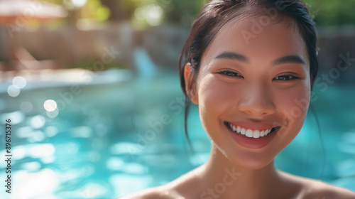 Asian young woman smiles broadly, looking directly at the camera, while standing by the edge of a swimming pool, copy space © keystoker