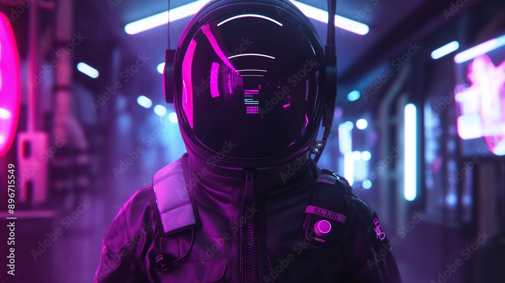 astronaut in the dark, wearing cyberpunk helmet and jacket with neon lights astronaut in the dark, wearing cyberpunk helmet and jacket with neon lights