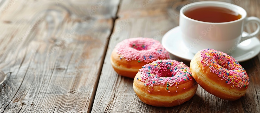 Delicious Donuts with Tea on Wooden Table Delicious Donuts with Tea on Wooden Table