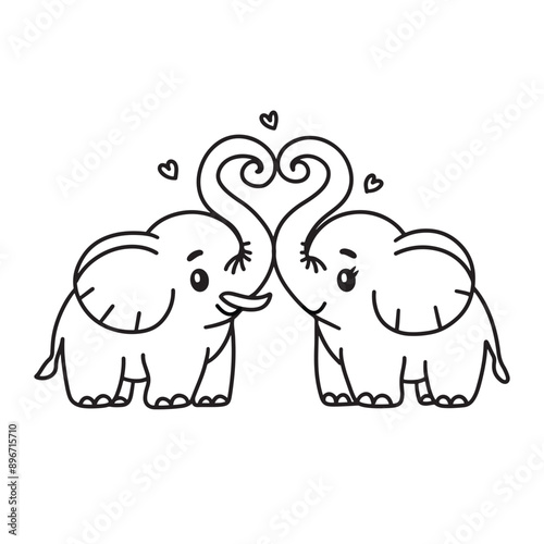 Line art of elephant couple showing their trunks to be a heart shape vector