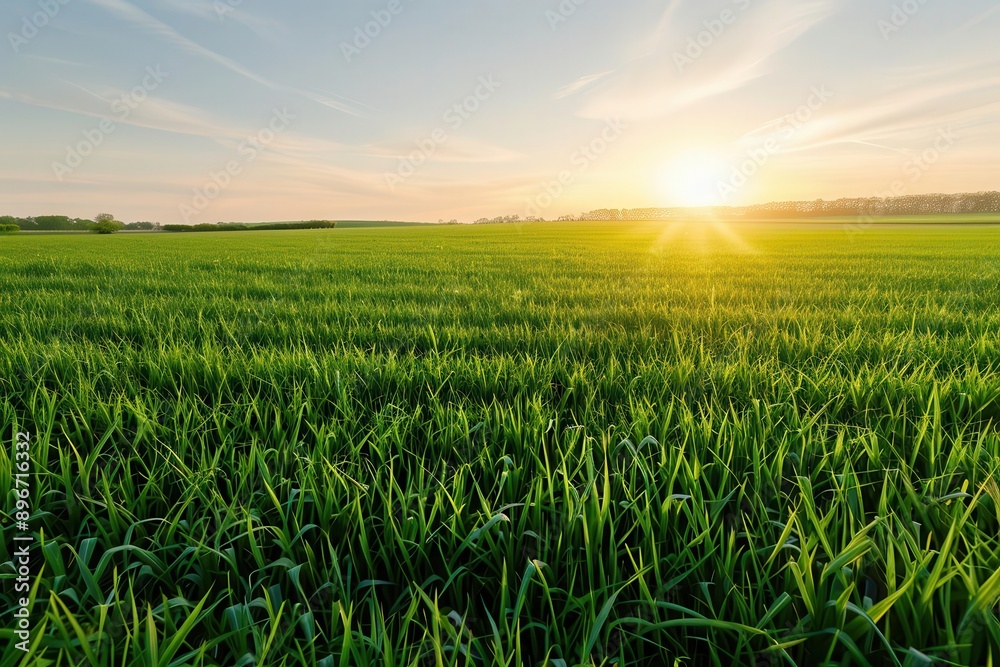 Open field with a sunrise, plenty of space for copy, representing a fresh start and natural growth Open field with a sunrise, plenty of space for copy, representing a fresh start and natural growth