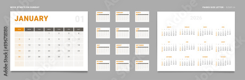 Set of 2025 Pages Monthly Calendar Planner Templates and annual 2026. Vector pages for wall or desk minimalist calendar with week start on Sunday for printing. Page size Letter -8.5x11 in
