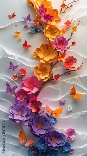 Whimsical paper garden, exquisite butterfly and floral sculptures. crafted with care, illustrating dreams and romance, perfect for banner displays with organic charm
