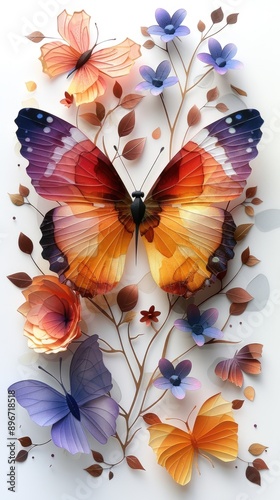 Exquisite craftsmanship: colorful butterfly and flower organic paper sculpture design, an illustration of dreamy romance, perfect for banner, capturing the beauty of nature in intricate detail.