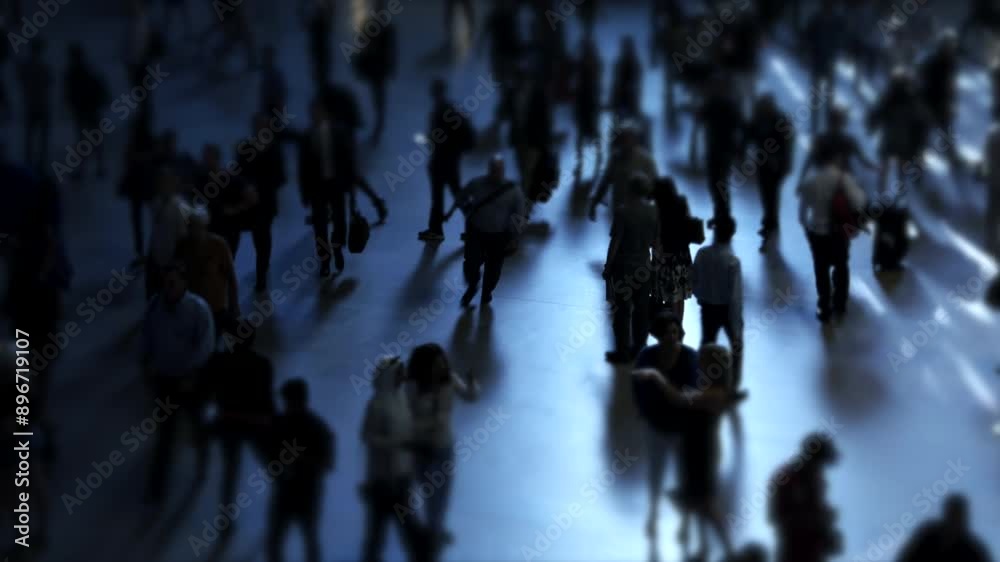 Urban scene with people in motion in a blue color scheme, reflecting a bustling city environment