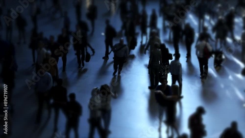 Urban scene with people in motion in a blue color scheme, reflecting a bustling city environment