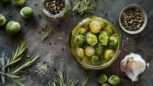 Artistic arrangement of Brussels sprout pickles and fresh spices, Pickled Brussels Sprouts, culinary creativity