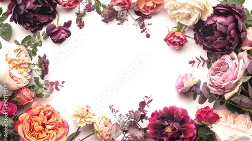 Fototapeta Naklejka Na Ścianę i Meble -  Floral wreath frame with colorful roses and peonies on white background Template with copy space