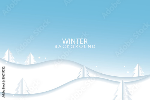 Winter landscape with snowdrifts and snowy fir trees. Vector 3d illustration. Seasonal nature background. Frosty snow hills.