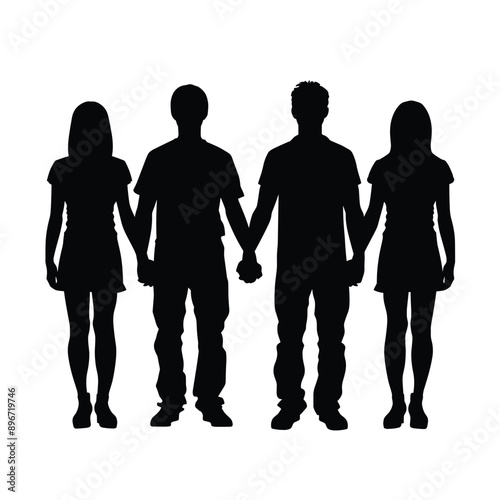 Silhouette of four people holding hands together. 