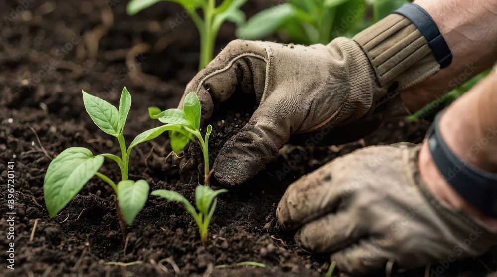 Gardener planting young green seedlings in rich soil, symbolizing growth, nurturing, and nature, with gloves to protect hands. Gardener planting young green seedlings in rich soil, symbolizing growth, nurturing, and nature, with gloves to protect hands.
