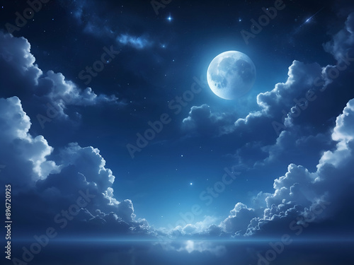 abstract glowing Peaceful background, blue night sky with moon, stars, beautiful clouds © rutchakon