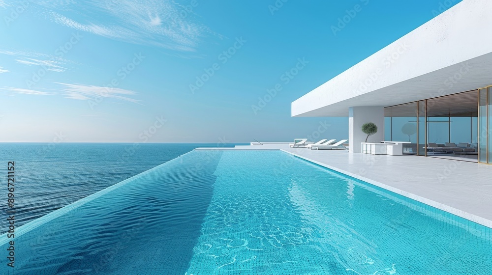 Elegant Minimalist Architecture by a Crystal Clear White Pool with Bright Blue Water, Perfect for Luxury and Relaxation Elegant Minimalist Architecture by a Crystal Clear White Pool with Bright Blue Water, Perfect for Luxury and Relaxation