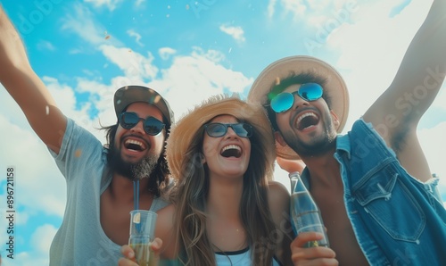 un gruppo di amici si diverte all'aperto durante una giornata estiva. La scena è piena di colori vivaci, con persone che ballano, sorridono e brindano con bevande fresche sotto un cielo azzurro.