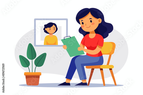 girl sitting on the chair with a clipboard, minimal flat style vector illustration