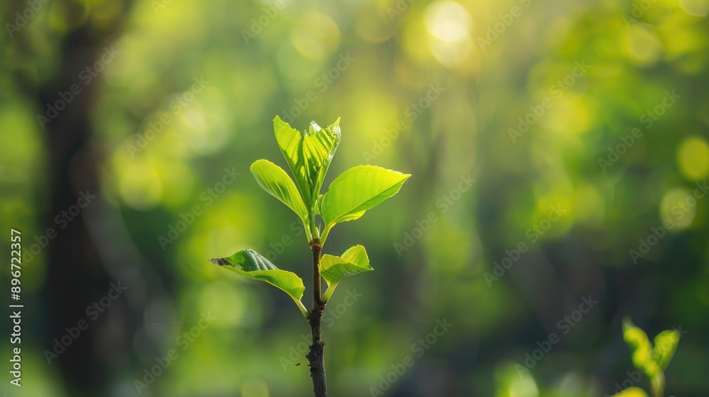 Fototapeta premium Soft young tree shoot with green leaves background