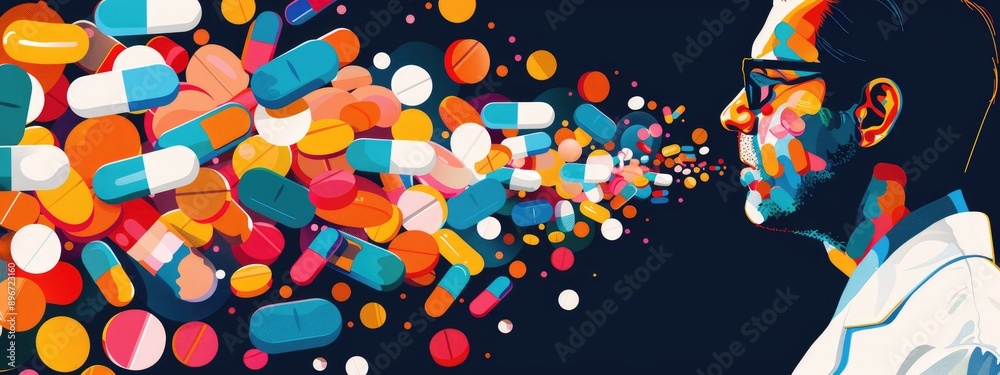 Obraz premium Digital Art of Scientist Analyzing Multicolored Pills and Capsules in a Conceptual Medical Illustration