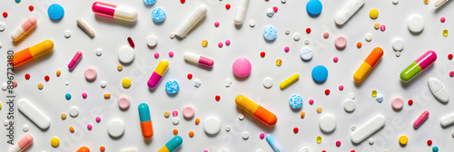 Colorful Array of Pills and Capsules on White Surface Highlighting Pharmaceutical Diversity