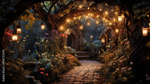 Enchanted Forest Path with Lantern Lights