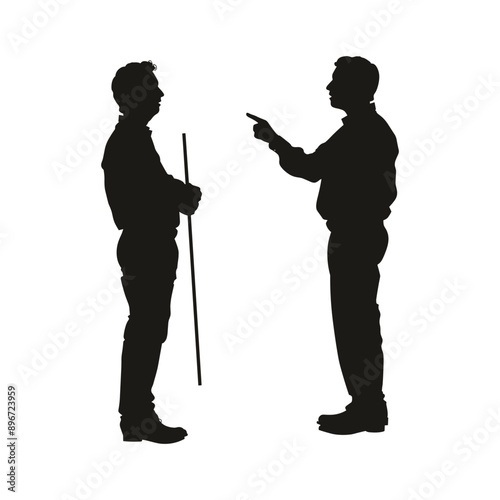 Silhouettes of two men arguing, one pointing a finger. 
