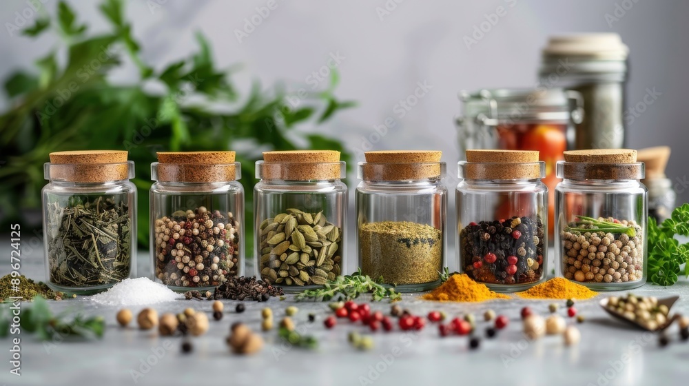 Assorted spices in glass jars with fresh herbs Assorted spices in glass jars with fresh herbs