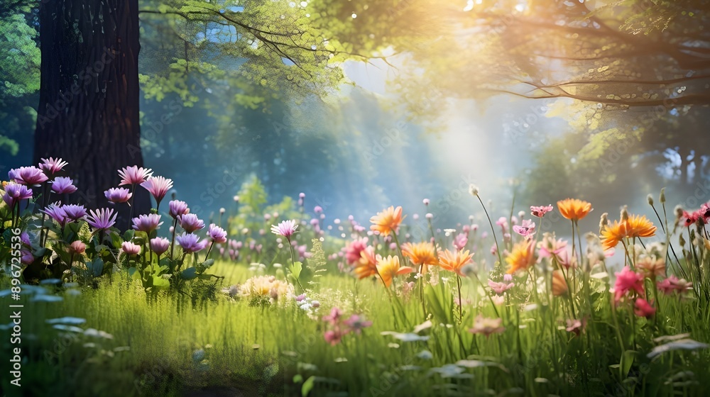 Obraz premium Tranquil Spring Glade: Lush Wildflowers and Soft Greenery in a Dreamy, Blurred Background