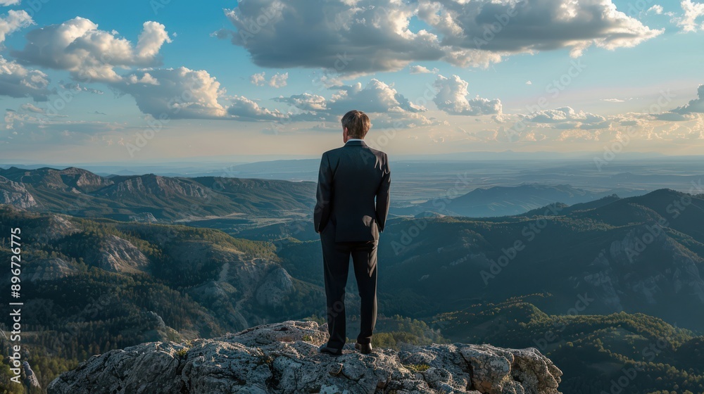 Successful businessman, a man in a suit, stands at the summit of the mountain, Panoramic view on mountains hills Successfully achieving your goal. Success Business Leadership, Winner on top. Successful businessman, a man in a suit, stands at the summit of the mountain, Panoramic view on mountains hills Successfully achieving your goal. Success Business Leadership, Winner on top.