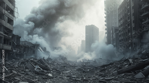 Destroyed urban landscape with smoke and debris