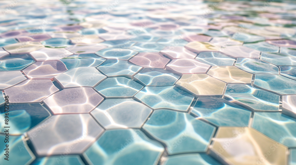 Obraz premium Close-up view of hexagon-shaped tiles in a swimming pool, with rippling water creating a pattern of light and shadow, background