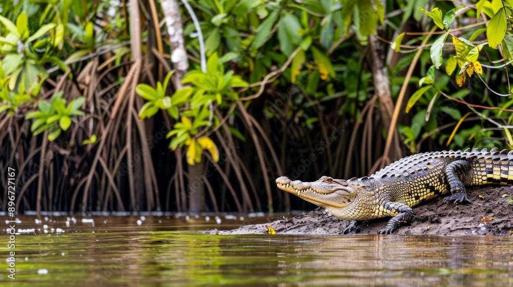 Crocodile on riverbank surrounded by lush green vegetation, reflecting in calm water, showcasing natural wildlife in its habitat. Crocodile on riverbank surrounded by lush green vegetation, reflecting in calm water, showcasing natural wildlife in its habitat.