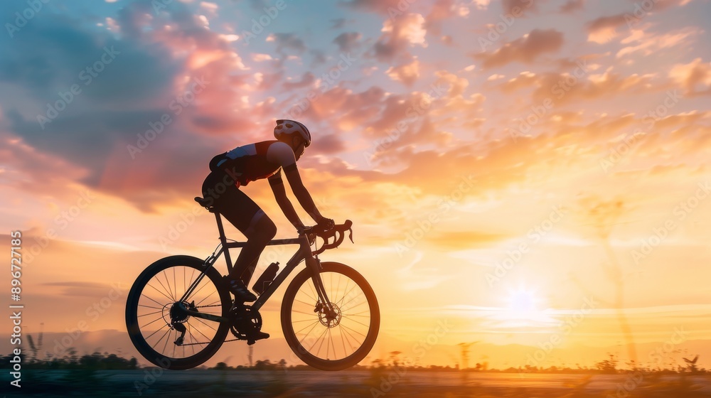 Fototapeta premium Cyclist riding a bike during sunset with a beautiful sky in the background, symbolizing fitness, adventure, and outdoor activity.