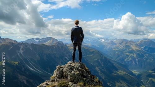 Successful businessman, a man in a suit, stands at the summit of the mountain, Panoramic view on mountains hills Successfully achieving your goal. Success Business Leadership, Winner on top.  © panadda