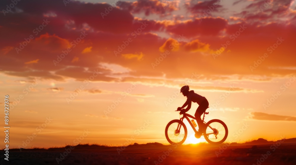 Silhouette of a cyclist riding a bike during a beautiful sunset, with vibrant sky and glowing horizon. Silhouette of a cyclist riding a bike during a beautiful sunset, with vibrant sky and glowing horizon.