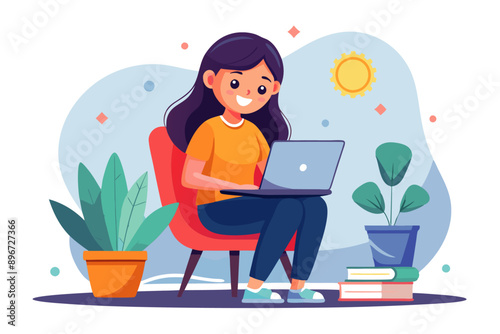 a girl using a laptop, minimal style flat cartoon colored vector illustration