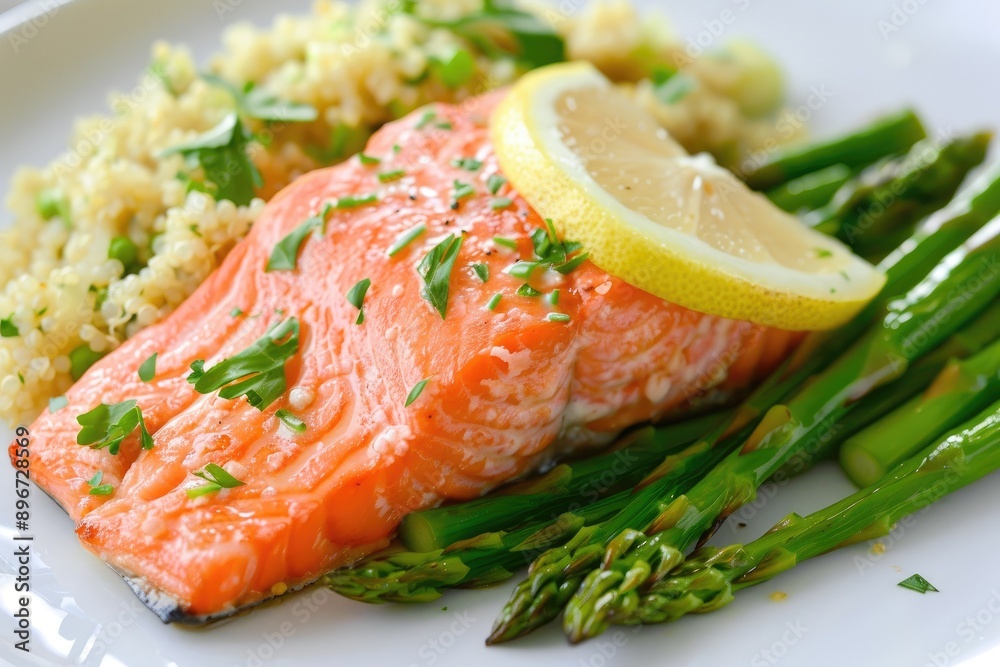 Delicious salmon fillet with lemon slice, served with asparagus and couscous on a white plate. Healthy and flavorful meal. Delicious salmon fillet with lemon slice, served with asparagus and couscous on a white plate. Healthy and flavorful meal.