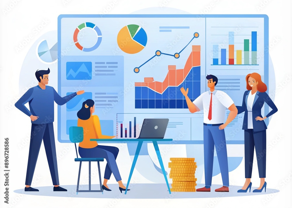 Obraz premium a group of people standing around a large screen with graphs and charts