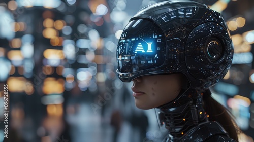 A futuristic female android with a sleek helmet displays the letters AI in its visor