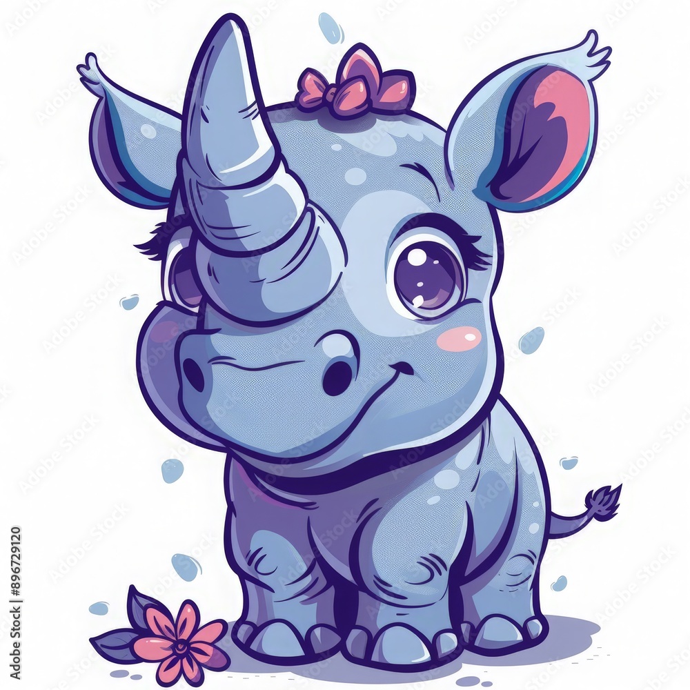 Fototapeta premium Cute Cartoon Rhino with Pink Bow