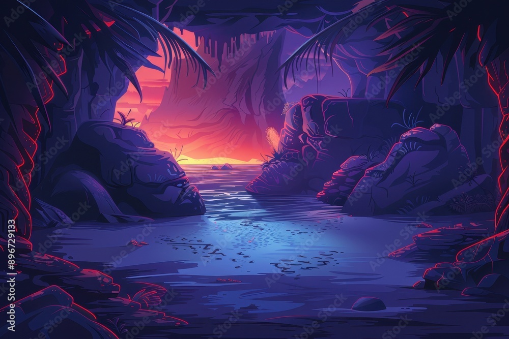 Fototapeta premium Bioluminescent Beach at Sunset in a Rocky Tropical Cave