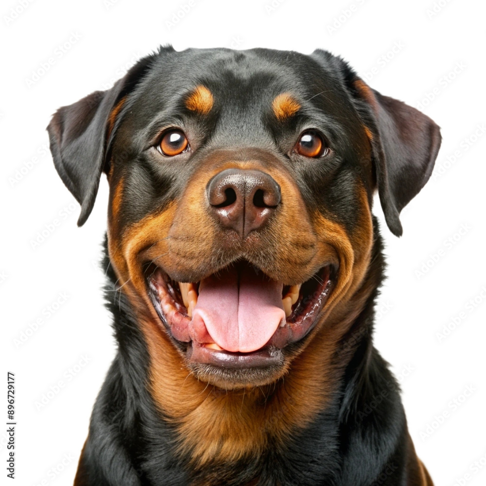 Rottweiler breed dog, happy, dog portrait isolated on white background Rottweiler breed dog, happy, dog portrait isolated on white background