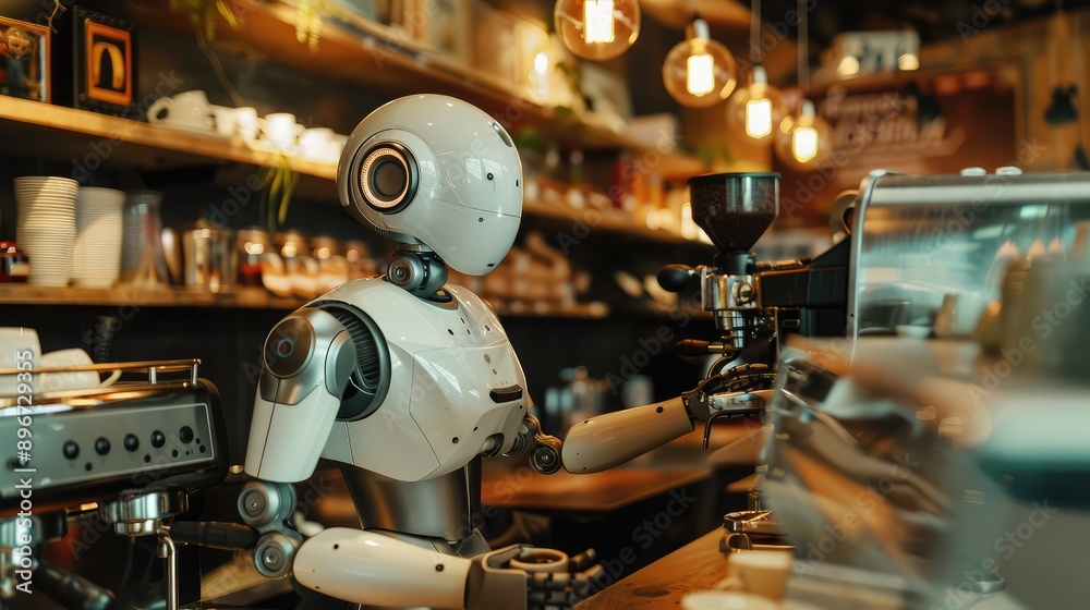 A robot barista prepares a cup of coffee in a cafe its robotic arm reaching out to a coffee machine A robot barista prepares a cup of coffee in a cafe its robotic arm reaching out to a coffee machine