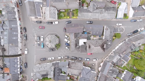 Aerial top down fly out of the centre of Chagford, a small market town in Dartmoor, Devon, England photo