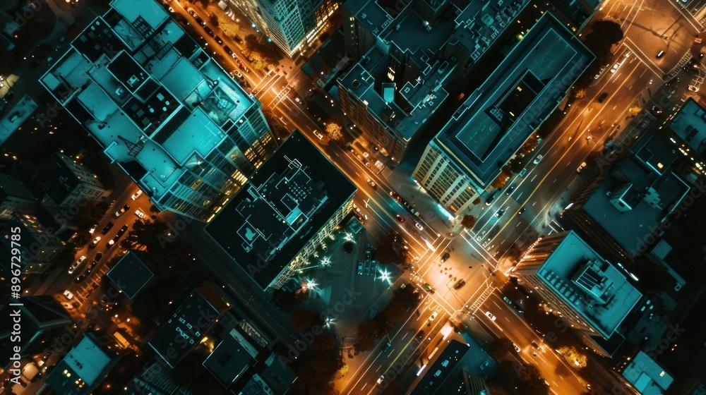 Aerial Night View of Cityscape with Illuminated Streets Aerial Night View of Cityscape with Illuminated Streets