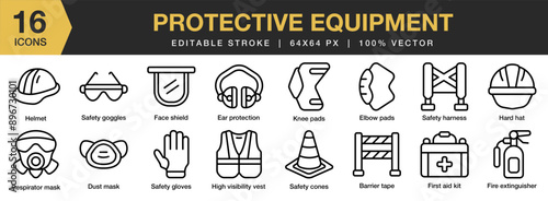 Protective Equipment icon set. Editable Stroke Icon Collection. Includes barrier, dust mask, elbow pads, safety harness, helmet, and More. Outline icons vector collection.