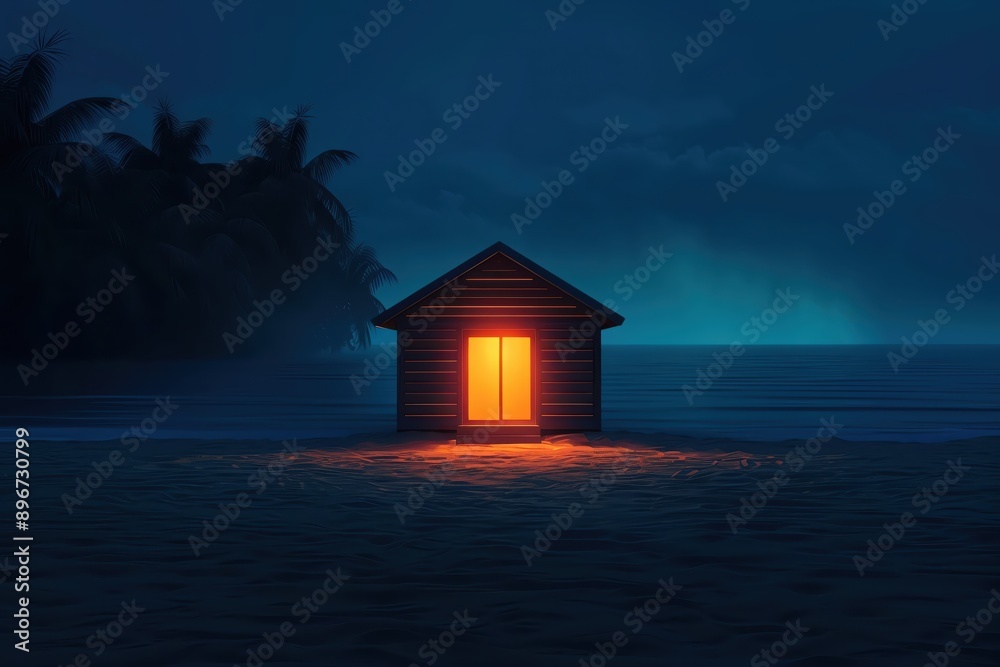 A serene beach scene featuring a wooden cabin illuminated at night, surrounded by calm waters and silhouetted trees. A serene beach scene featuring a wooden cabin illuminated at night, surrounded by calm waters and silhouetted trees.