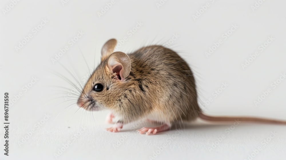 House mouse Mus Musculus with raised tail facing away on white background House mouse Mus Musculus with raised tail facing away on white background