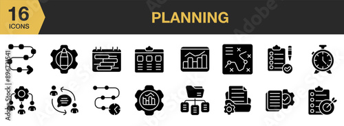 Planning icon set. Includes workflow, creative process, gantt chart, task, action plan, communication and More. Solid icons vector collection.
